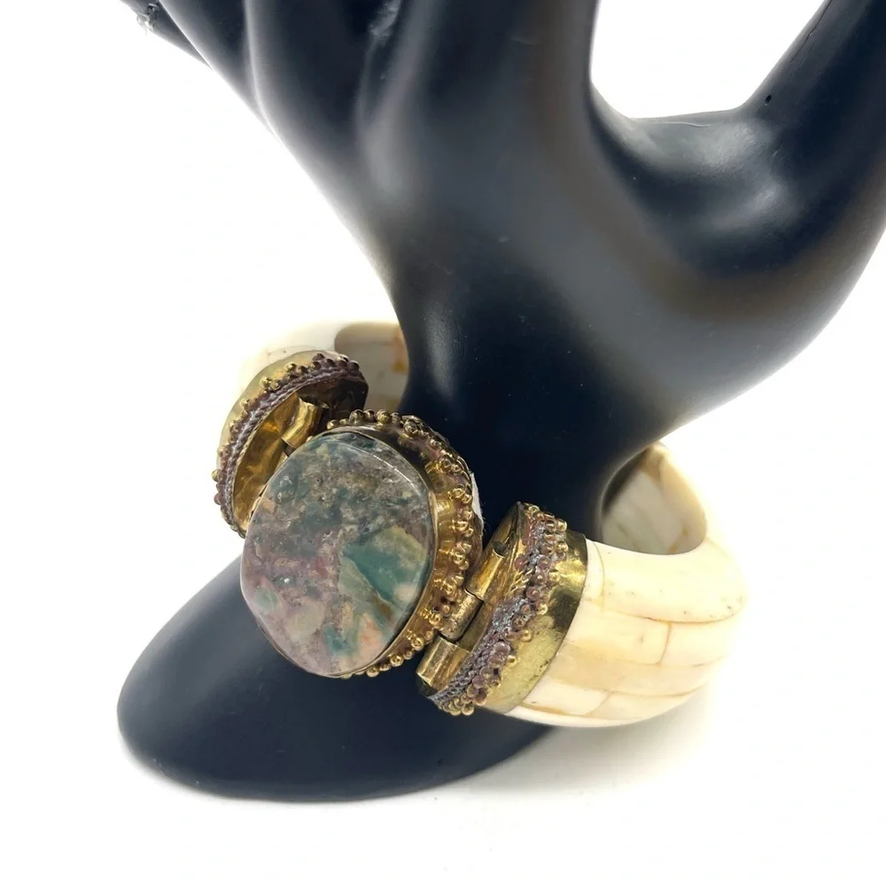 Vintage Ethnic Cuff Bracelet Wood Bone Agate Stone